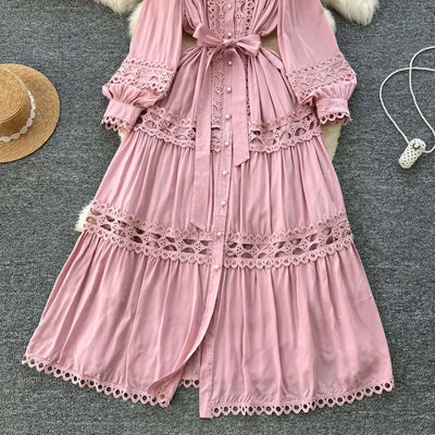 Elegant Long Maxi Hollow Out Dress Shirt Women Summer Autumn Palace Retro Pearl Button Embroidery Crochet Evening Party Vestidos