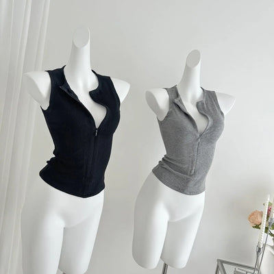 Women's Sleeveless Zip-Up Crop Top Korean Style Slim Fit Summer Vest Sexy Casual Camisole for Women Fashion Streetwear Basic Tee