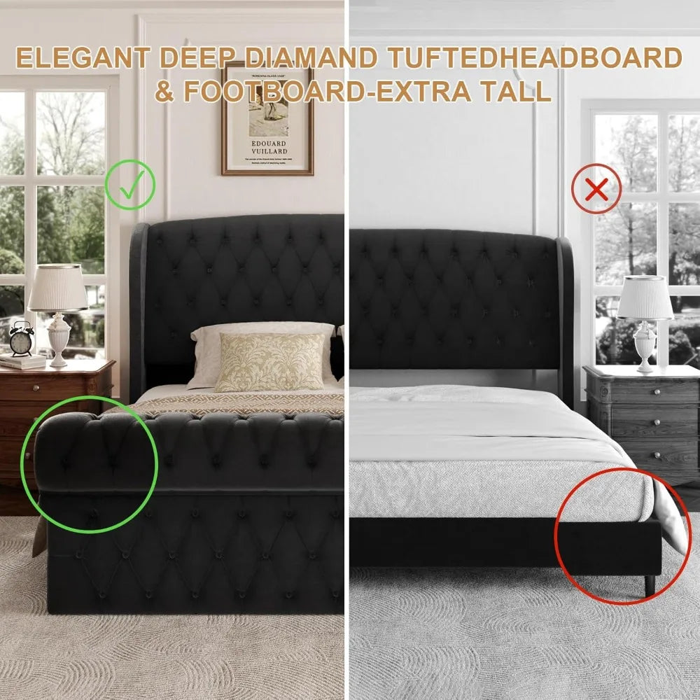 Platform Bed Frame, Chenille Upholstered Sleigh Bed with Scroll Wingback Headboard & Footboard, 52" Tall Headboard