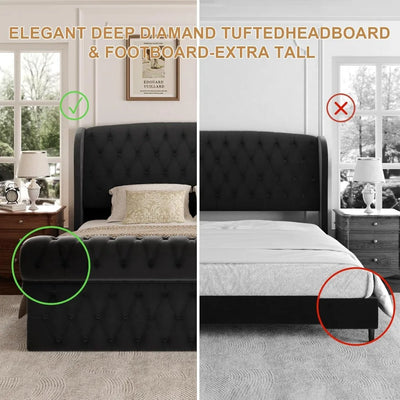 Platform Bed Frame, Chenille Upholstered Sleigh Bed with Scroll Wingback Headboard & Footboard, 52" Tall Headboard
