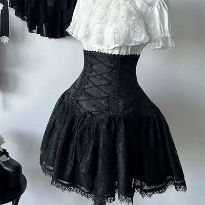 2025 Lolita Subculture Black White Short SK Lace Skirt High Waist Lace Up Girls Birthday Gothic Victorian Cosplay Party Skirts