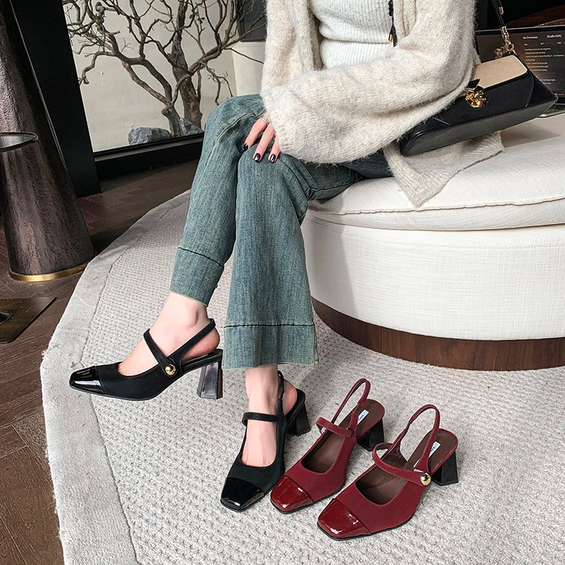 Square Heels Mary Janes Square Toe Med Heels Flats Spring/Autumn Solid Color Women's Shoes Buckle Strap Fashion Ladies Sandals