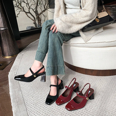 Square Heels Mary Janes Square Toe Med Heels Flats Spring/Autumn Solid Color Women's Shoes Buckle Strap Fashion Ladies Sandals