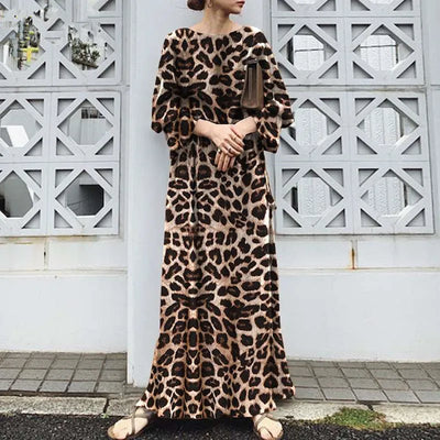 2025 Fashion Leopard Printing Maxi Dress Women's Spring Sundress Elegant Casual Long Sleeve Vintage Long Dresses Vestidos Female