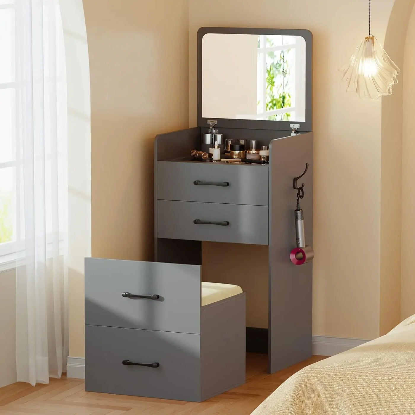 3 in 1 Vanity Desk with Flip Top Mirror,Small Make Up Vanity Set with Visible Glass Desktop,Compact Makeup Vanity with 3