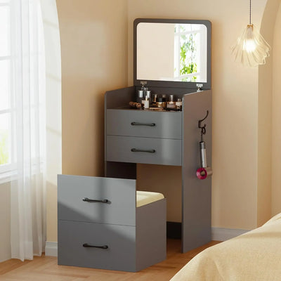 3 in 1 Vanity Desk with Flip Top Mirror,Small Make Up Vanity Set with Visible Glass Desktop,Compact Makeup Vanity with 3