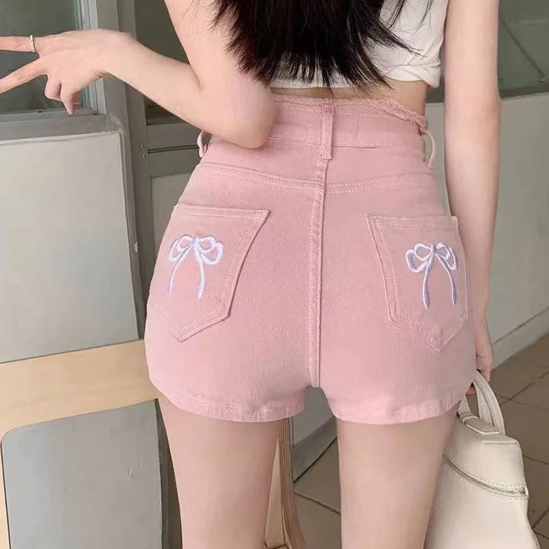 Women's Sweet Bow Denim Shorts Tassel Embroidery American Spice Summer High Waist Temperament Skinny Straight Pants Sexy Shorts