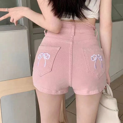 Women's Sweet Bow Denim Shorts Tassel Embroidery American Spice Summer High Waist Temperament Skinny Straight Pants Sexy Shorts