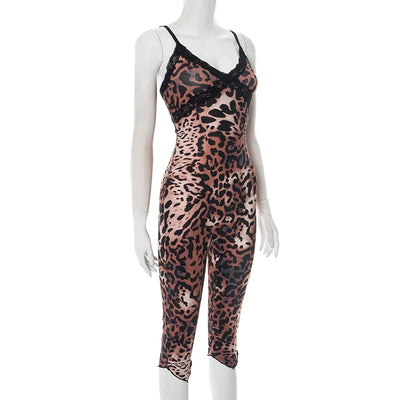 CUTENOVA New Women'S Leopard Print Lace Trim Patchwork Camisole Jumpsuit Bodycon Seven Points Jumpsuit Fashion Streetwear Romper