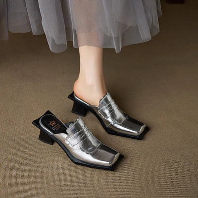NEW Summer Women Mules Genuine Leather Shoes for Women Square Toe Chunky Heel Shoes Cover Toe Slingback Sandals Modern Slippers