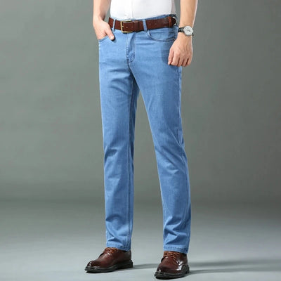 Spring/summer Thin Denim Straight Cotton Stretch Jeans Men Business Casual Cloth High Waist Ice Silk Lightweight Trousers