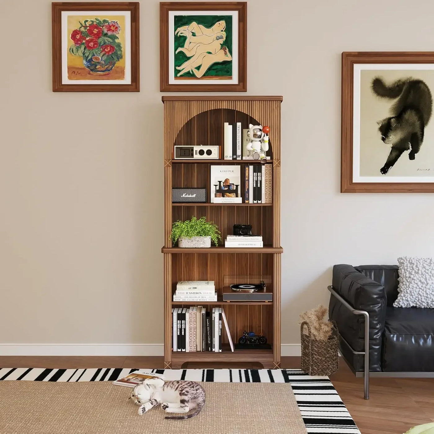71" Tall Arched Bookcase with Storage, Modern 6-Tier Arched Cabinet with Door,Arched Bookshelf Cabinet with Open Display Storage