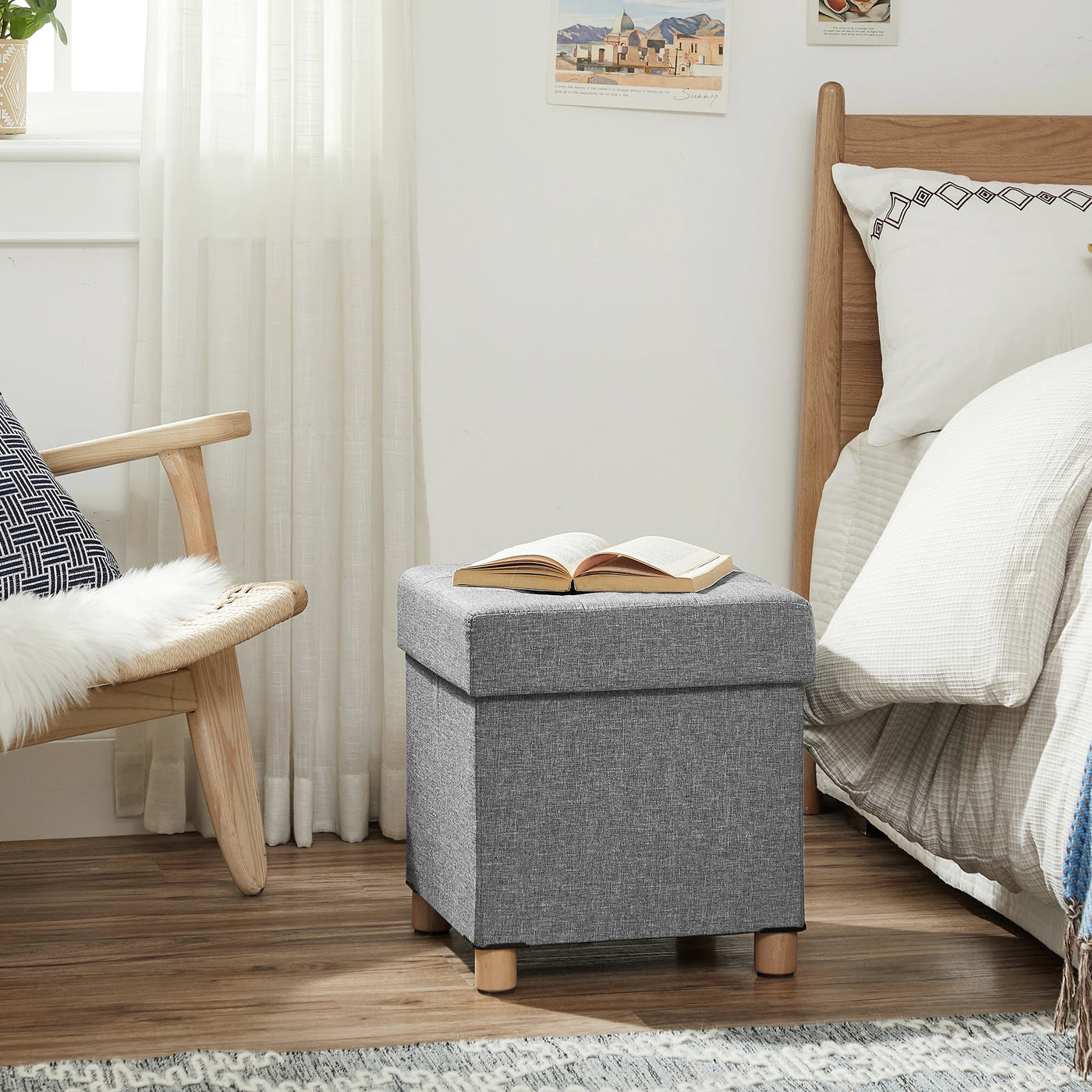 Storage Ottoman, Padded Foldable Bench, Chest with Lid, Solid Wood Feet, Space-Saving, Holds up to 300 kg, for Bedroom