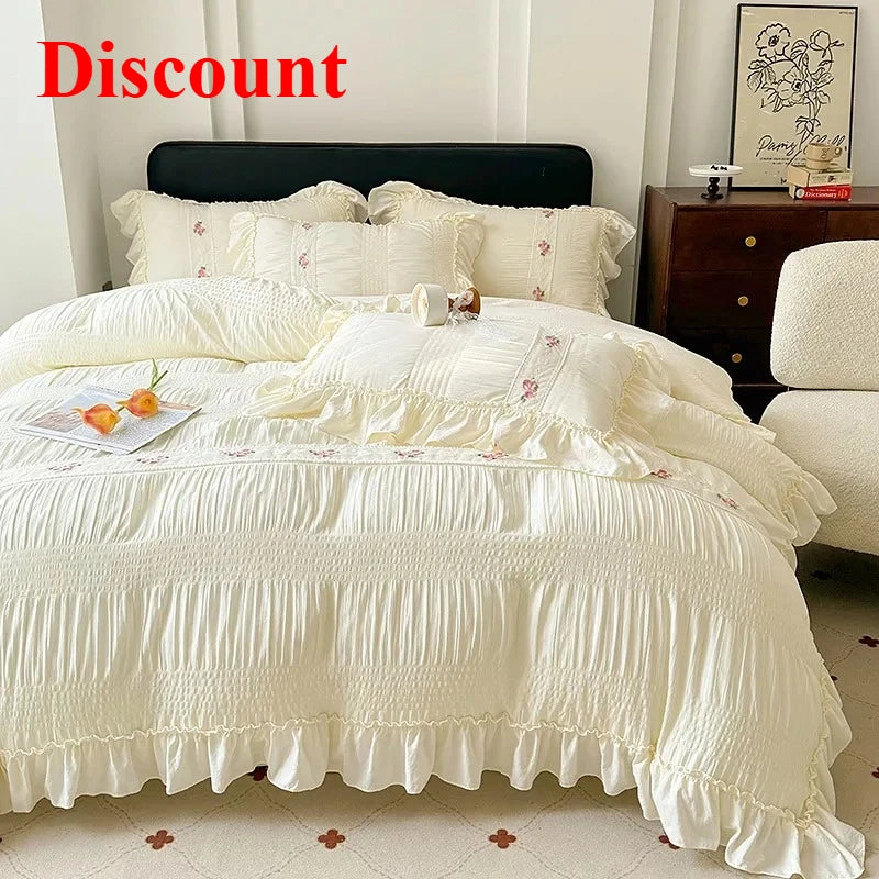 2025 Korean Princess Style Lace Ruffles Wedding Bedding Set Washed Cotton Soft Duvet Cover Set Bed Sheet Pillowcase 3/4Pcs