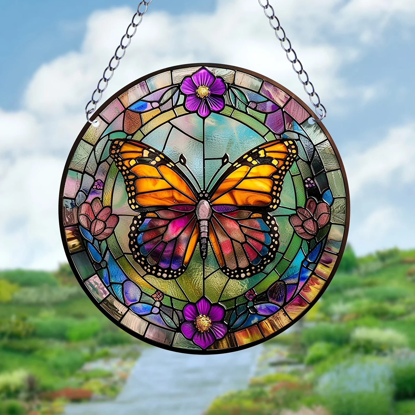 1pc Butterfly Window Suncatcher Wall Hanging Decoration Round Stained Acrylic Wall Art  for Courtyard Family Gift Colleague