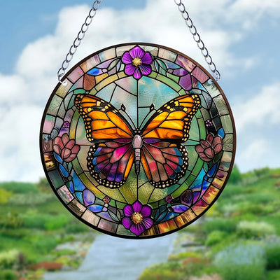 1pc Butterfly Window Suncatcher Wall Hanging Decoration Round Stained Acrylic Wall Art  for Courtyard Family Gift Colleague