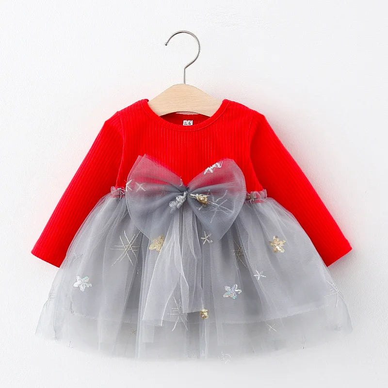 Girls' Long Sleeved Dress Spring And Autumn Bow Glittering Mesh Spliced Knitted Princess Party Birthday Dress