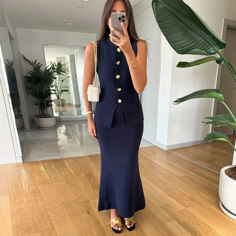 Single Breasted Knit Vest Mermaid Dress Woman Set O-Neck Split Sleeveless Top Solid Color Slim Long Dresses Casual Women Sets