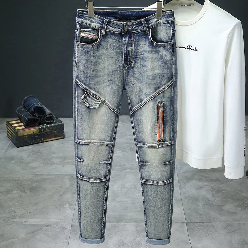 Retro Men's Jeans Slim Elastic Spliced zipper Skinny Pencil Trousers Harajuku Hip-hop Rock Motorcycle Denim Pants Streetwear