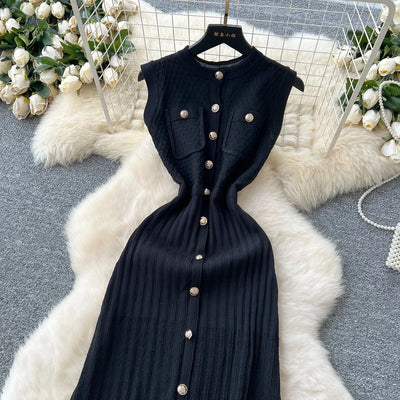 Women's Round Neck Sleeveless Dress Single-breasted Chic Elasticated Waist Slim Long Skirt   New High Quality Knitted Dress