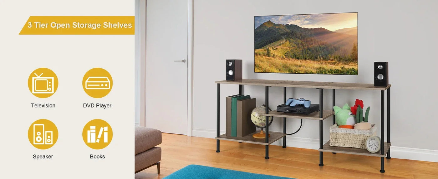 Farmhouse 50" TV Stand with Built-in Outlets & 3-Tier Storage - Multi-Room Media Console for 50/43/40/32" TVs, Rustic Grey