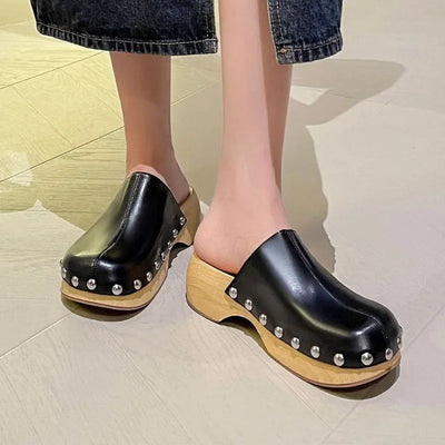 Women Imitation Cork Sole Mules Fashion Rivets Heels Platform Block Heel Soft Leather Slippers Round Toe Slip-on Casual Shoes
