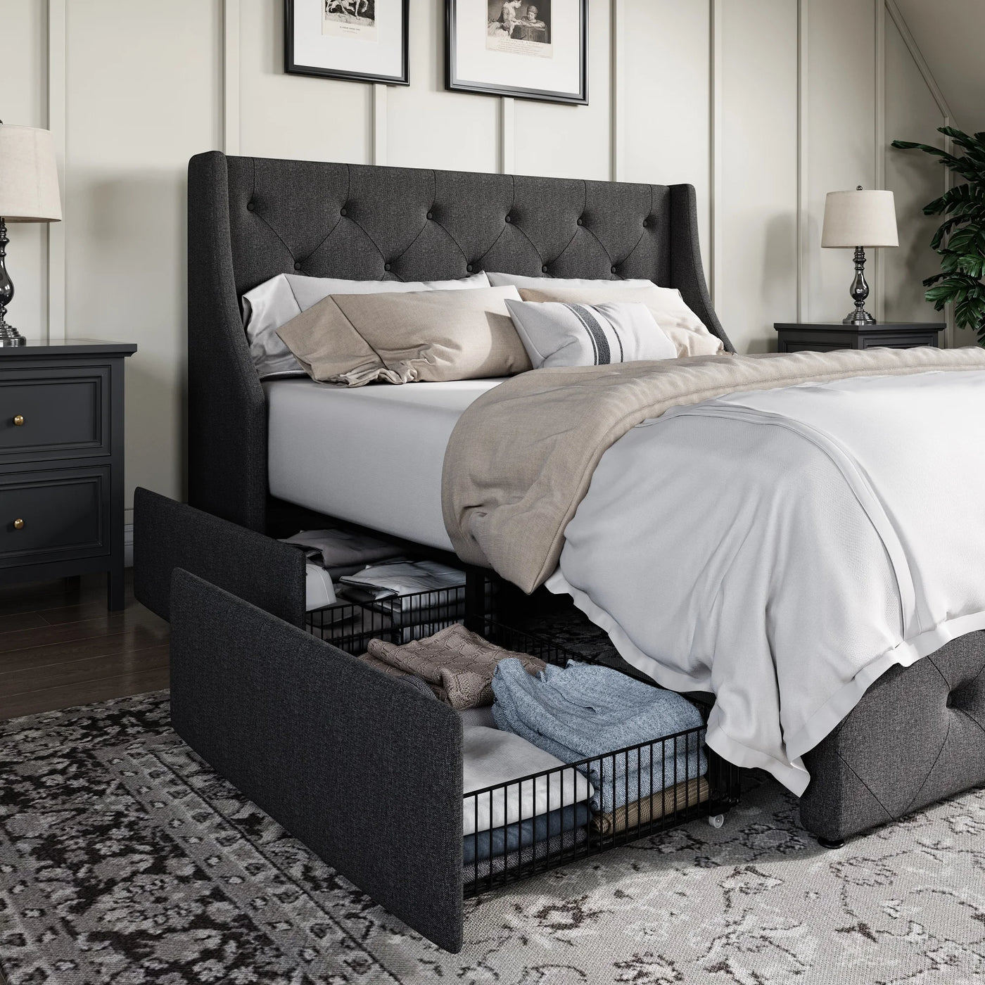 HOOMIC Upholstered Platform Bed Frame with 4 Storage Drawers and Wingback Headboard, Button-Tufted Design, Easy Assembly,