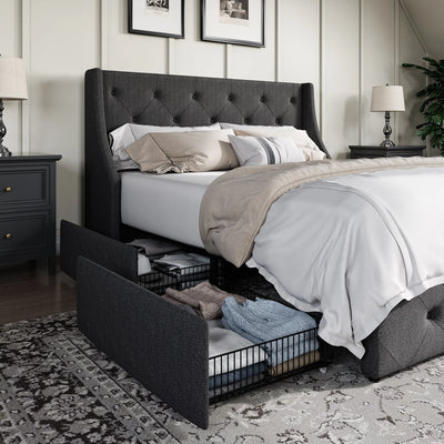 HOOMIC Upholstered Platform Bed Frame with 4 Storage Drawers and Wingback Headboard, Button-Tufted Design, Easy Assembly,