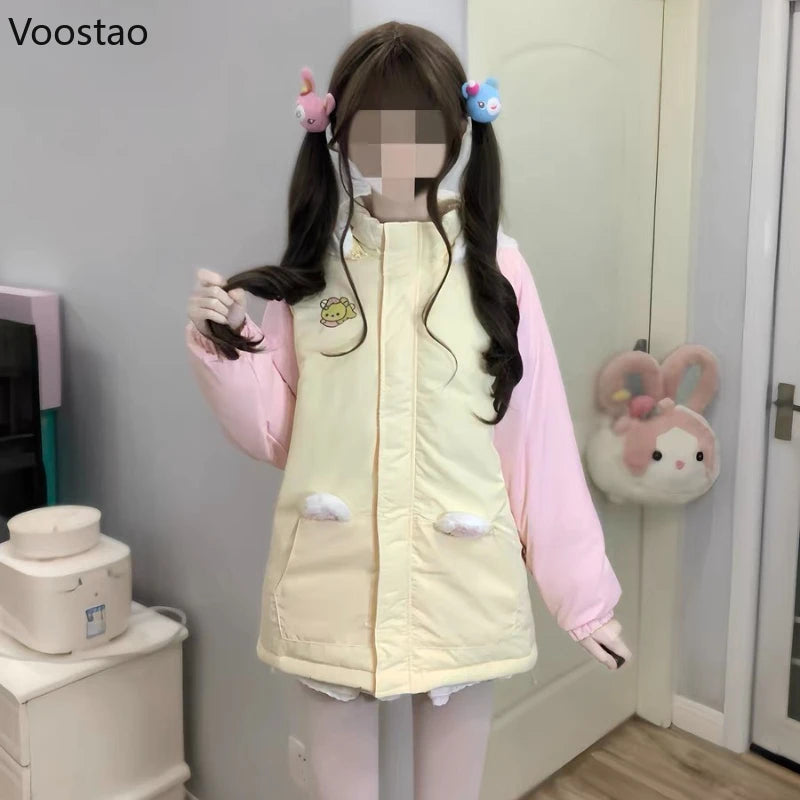 Kawaii Winter Cartoon Embroidery Lolita Parkas Women Y2k Cute Bear Ears Hooded Jacket Casual Zippers Loose Harajuku Padded Coat