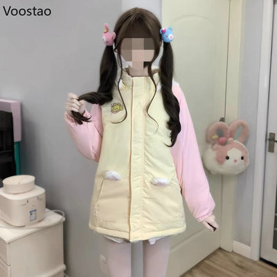 Kawaii Winter Cartoon Embroidery Lolita Parkas Women Y2k Cute Bear Ears Hooded Jacket Casual Zippers Loose Harajuku Padded Coat