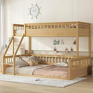 Low Bunk Beds Twin XL Over Queen Floor Bunk Bed with Ladder and Guardrail Wood Detachable Bunk Bed Frame for Boys, Girls, No Spr