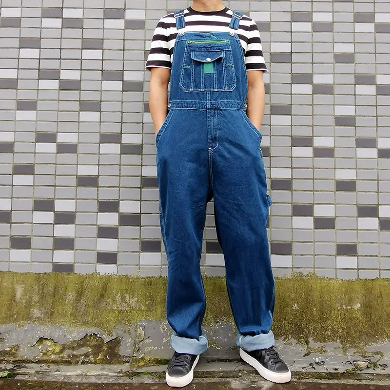 Men's Overalls Jumpsuit Large Size Strap Straight Blue Jeans With 7 Pockets