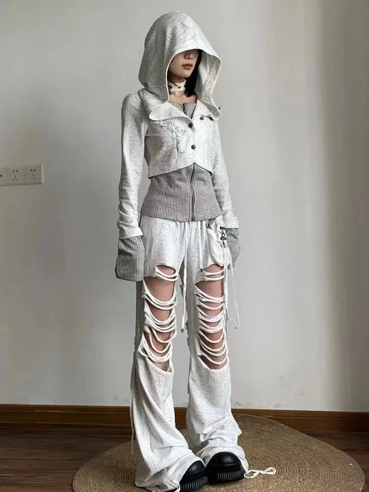 Print Tunic Hooded Y2k Coat Streetwear Fashion Casual Hoodies Tops Ropa Mujer Vintage Sweatshirts 2024 Women's Clothes White