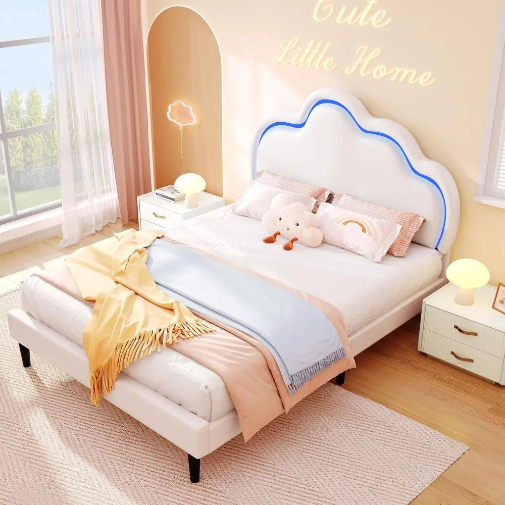 YITAHOME Full Size Bed Frame, LED Bed Frame with PU Faux Leather Adjustable Cloud Headboard, Platform Upholstered Bed with Woode