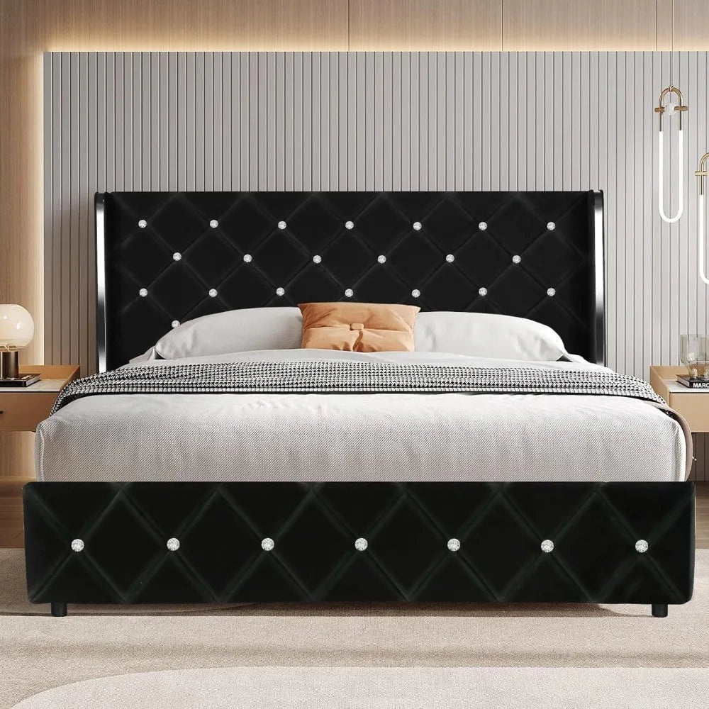 Queen Bed Frame with Headboard, Velvet Upholstered Bed with Wingback and Diamond Tufted Design, Wood Slat Support, No Box
