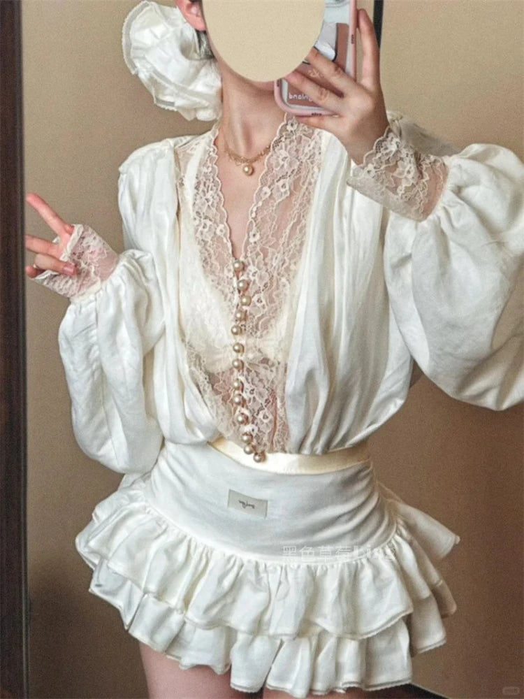 Korean Fashion Elegant Prom Summer Long Sleeve Dress Mini Skirt Two Piece Set Woman Solid Lace Chic Office Format 2025 New