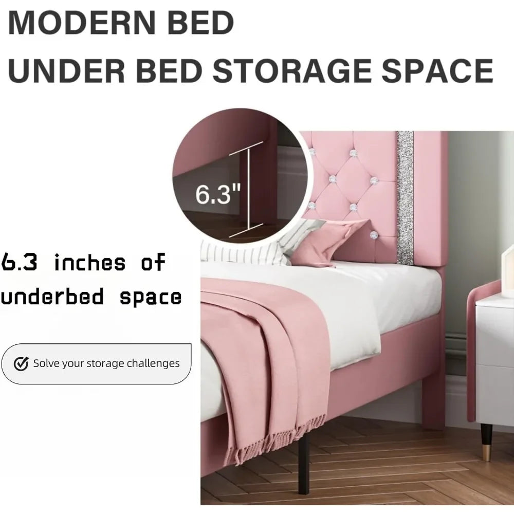Frame with Tufted Button Headboard, Upholstered Platform Bed Frame with Diamond Design, Wood Slat Support