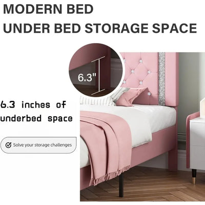 Frame with Tufted Button Headboard, Upholstered Platform Bed Frame with Diamond Design, Wood Slat Support