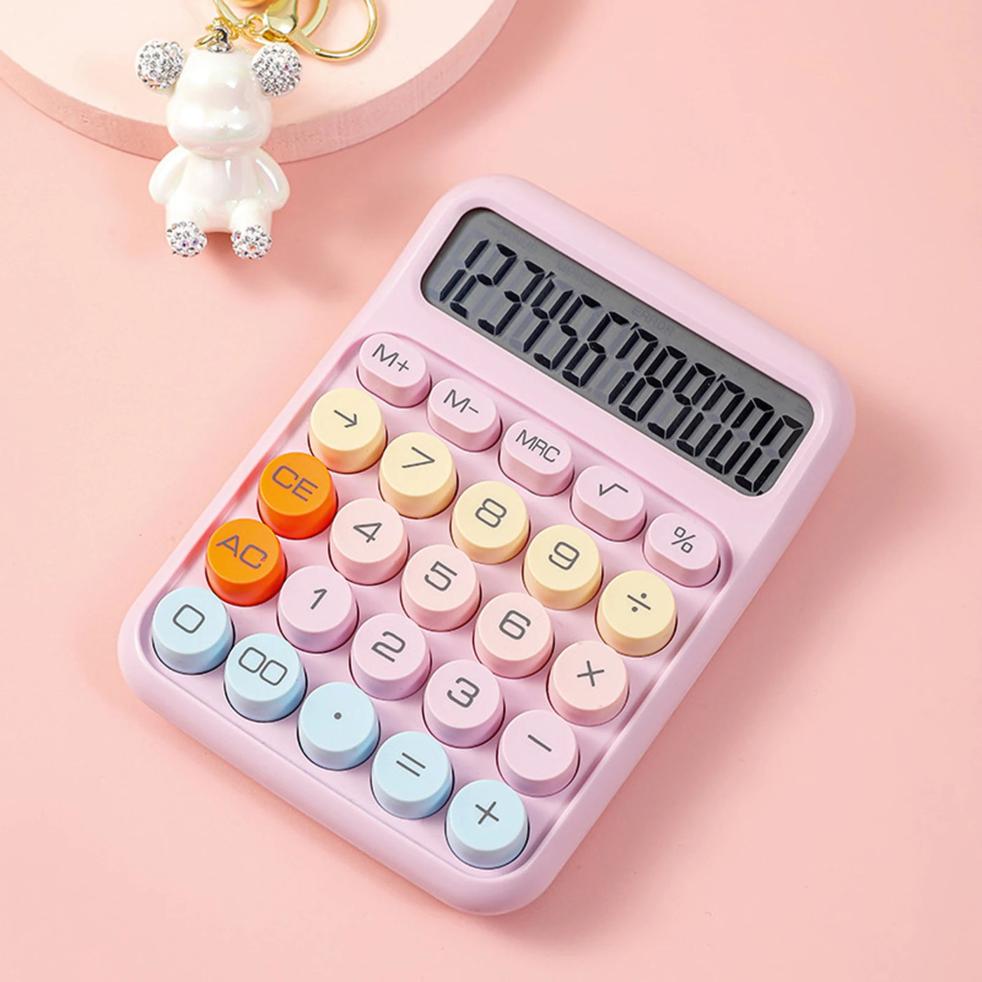 Mechanical Calculator 12 Digit Large LCD Display Big Round Button Cute Candy Colored Calculator Suitable for Office School Home
