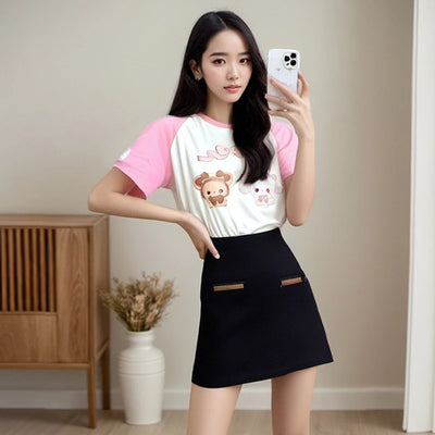 Y2k women clothing Rabbit Cute Pink Kawaii T-shirt Patchwork Short Sleeve Tops 2024 Loose Harajuku Subculture Chic Sweet Tees