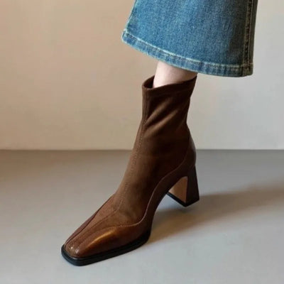 Women's New Winter Thick Heel Cotton Boots Square Head Splicing Suede Back Zipper Anti-slip Wear-resistant Short Boots