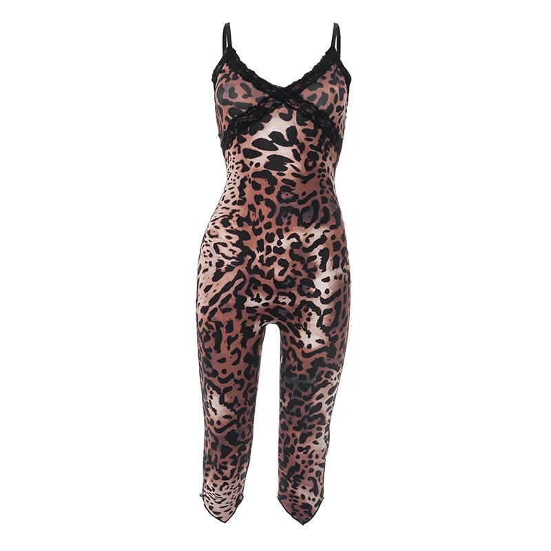CUTENOVA New Women'S Leopard Print Lace Trim Patchwork Camisole Jumpsuit Bodycon Seven Points Jumpsuit Fashion Streetwear Romper