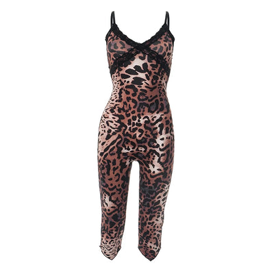 CUTENOVA New Women'S Leopard Print Lace Trim Patchwork Camisole Jumpsuit Bodycon Seven Points Jumpsuit Fashion Streetwear Romper