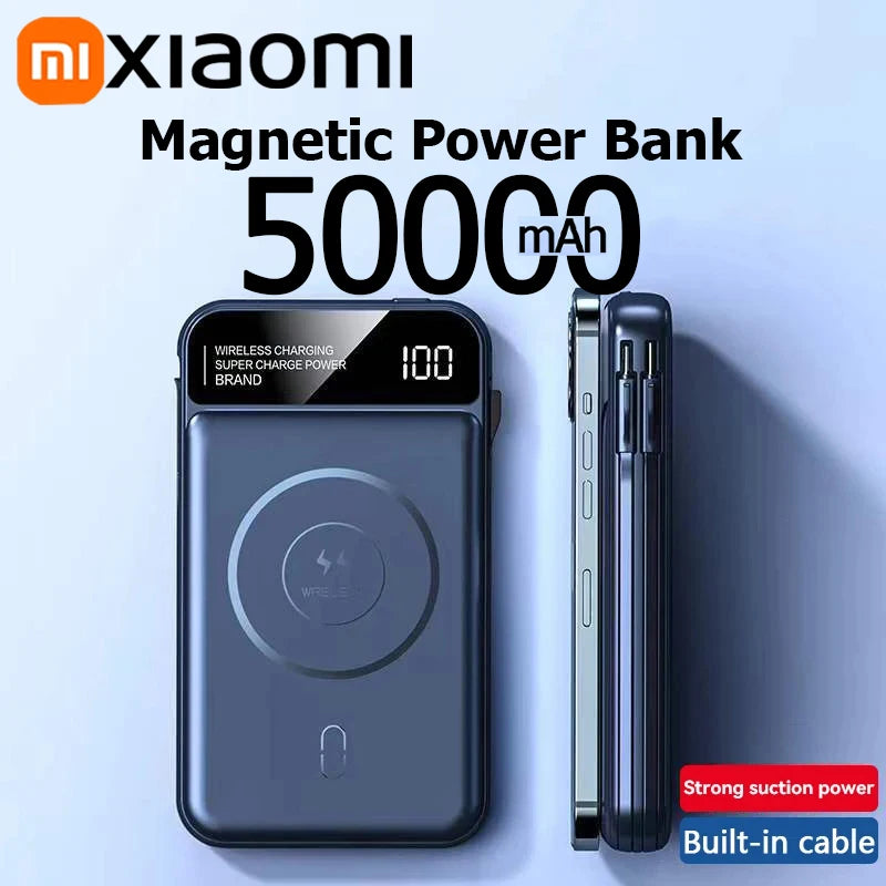 Xiaomi Emergency 50000mah Wireless Charging Power Bank Magnetic Charging Built-in Wire Mobile Phone Battery For IPhone Magsafe