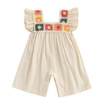 Infant Baby Girl Summer Romper Retro Ethnic Style Fly Sleeve Square Neck Floral Embroidery Wide Leg Shorts Jumpsuit Playsuit