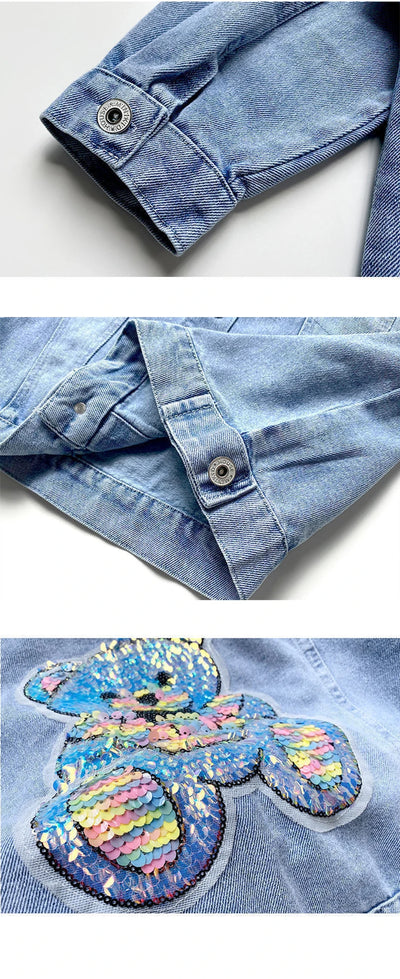 3 4 6 8 10 12 Years Teen Girls Denim Jacket Spring New Fashion Bear Sequin Cowboy Coats For Girls Children Outwear Birthday Gift