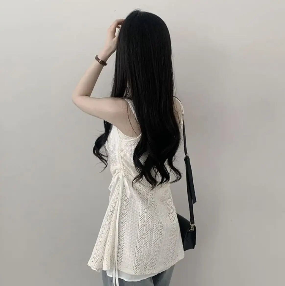 Hot Girl Korean Style Drawstring Lace-up Waist Lace Short Suspender Dresses + White Inner Wear Bottoming Sling Top Two-piece Set
