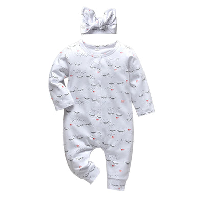 2pcs Infant Baby Girls Clothes Fashion Printed Cotton Long Sleeve Romper Jumpsuit with Headband Newborn Clothing for 0-18month