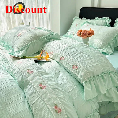 2025 Korean Princess Style Lace Ruffles Wedding Bedding Set Washed Cotton Soft Duvet Cover Set Bed Sheet Pillowcase 3/4Pcs