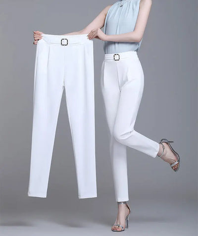Elegant High Waist Elastic Harem Pants for Women Commuter Casual Capri Pants Fashion Solid Color Pockets Sashes Trousers 4XL